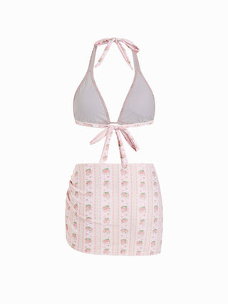 Halter Neckline Floral Ring Linked Low Rise Triangle Bikini Set With Skirt