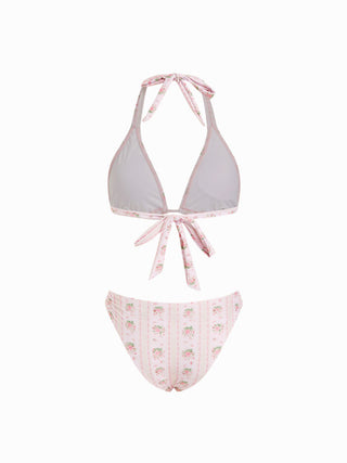 Halter Neckline Floral Ring Linked Low Rise Triangle Bikini Set With Skirt