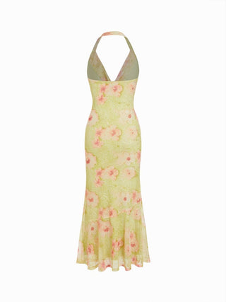 Floral Mesh Halter Neck Asymmetrical Split Mermaid Maxi Dress