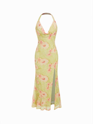 Floral Mesh Halter Neck Asymmetrical Split Mermaid Maxi Dress