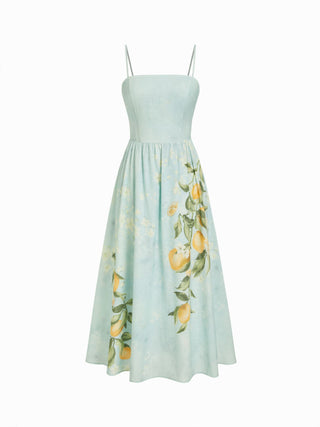 Cotton Fruit Graphic Square Neck Shirred Flared Cami Maxi Dress