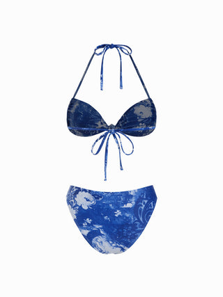 Halter Neckline Leopard & Floral Graphic Knotted Bikini Set With Ruffled Skirt