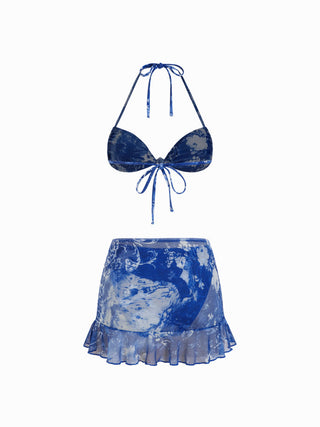 Halter Neckline Leopard & Floral Graphic Knotted Bikini Set With Ruffled Skirt