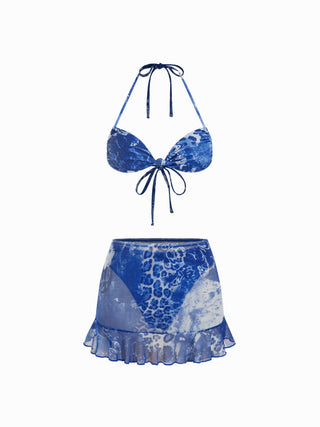 Halter Neckline Leopard & Floral Graphic Knotted Bikini Set With Ruffled Skirt