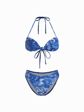Halter Neckline Leopard & Floral Graphic Knotted Bikini Set With Ruffled Skirt