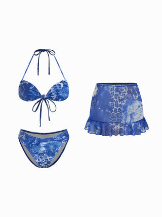 Halter Neckline Leopard & Floral Graphic Knotted Bikini Set With Ruffled Skirt