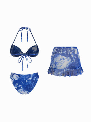 Halter Neckline Leopard & Floral Graphic Knotted Bikini Set With Ruffled Skirt