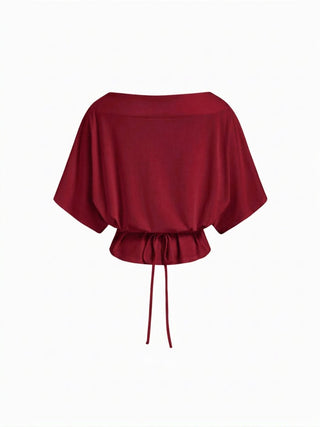 Cotton-blend Boat Neck Batwing Sleeve Drawstring Tee