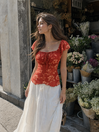 Chiffon Floral Square Neck Twist Knotted Ruffle Sleeve Crop Top