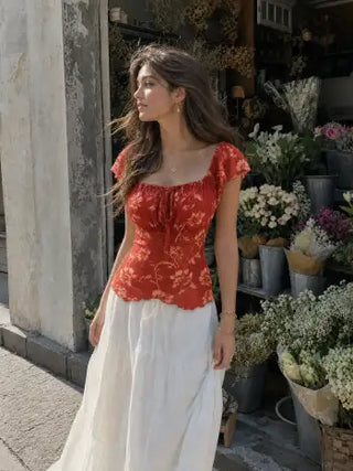 Chiffon Floral Square Neck Twist Knotted Ruffle Sleeve Crop Top