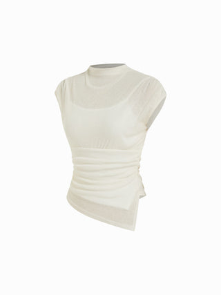 High Neck Ruched Asymmetrical Sheer Short Sleeve Top