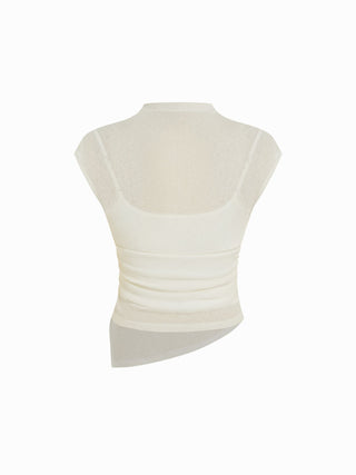 High Neck Ruched Asymmetrical Sheer Short Sleeve Top