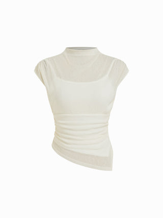 High Neck Ruched Asymmetrical Sheer Short Sleeve Top