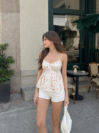 Cotton Stripe V-Neck Lace Panel Button Tie Back Peplum Cami Top