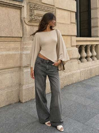 Boat Neck Batwing Long Sleeve Asymmetrical Blouse