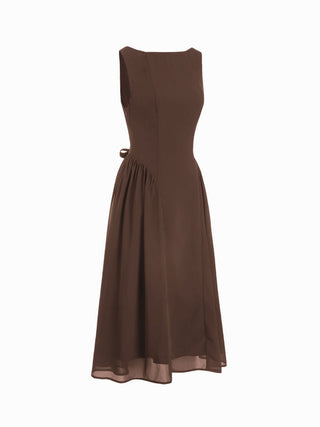 Chiffon Boat Neck Draped A-line Midi Dress