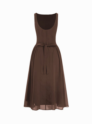 Chiffon Boat Neck Draped A-line Midi Dress