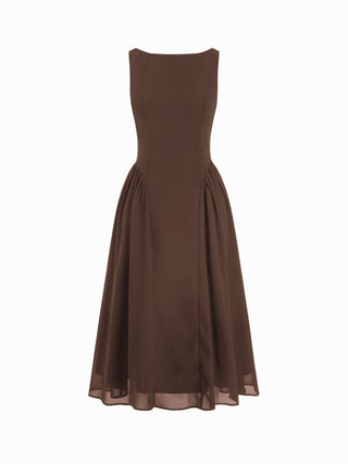 Chiffon Boat Neck Draped A-line Midi Dress