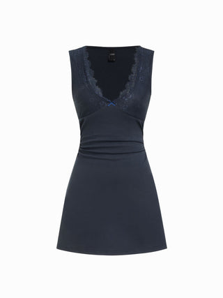 Cotton-blend V-neck Lace Trim A-line Mini Dress