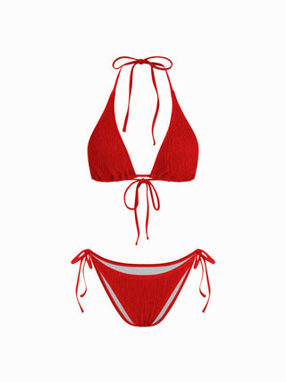 Textured Ruched Halter Tie Side Bikini Set