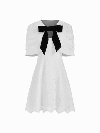 Cotton-blend Lace V-neck Bowknot A-line Mini Dress