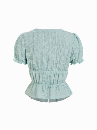 Textured V-neck Tie Front Puff Sleeve Ruffle Hem Top