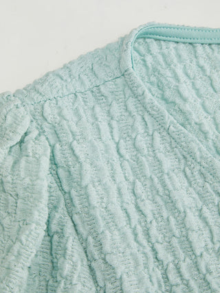 Textured V-neck Tie Front Puff Sleeve Ruffle Hem Top