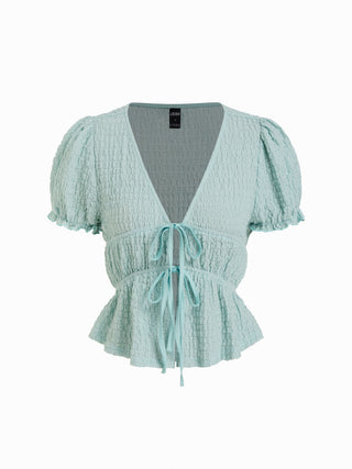 Textured V-neck Tie Front Puff Sleeve Ruffle Hem Top