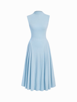 High Neck Solid Pocket Ruffle Midi Dress