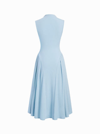 High Neck Solid Pocket Ruffle Midi Dress