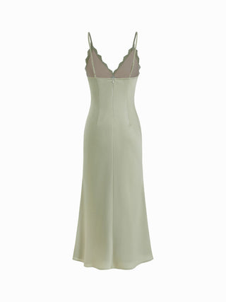 Satin V-Neck Lace Panel Mermaid Maxi Dress