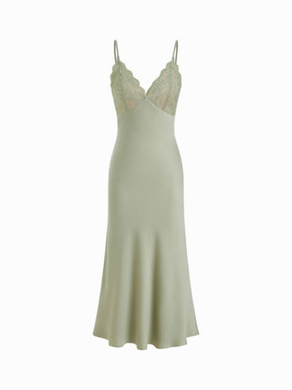 Satin V-Neck Lace Panel Mermaid Maxi Dress