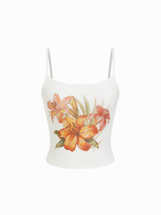 Cotton-blend Floral Rhinestone Cami Top