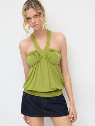 High Stretch Halter Neckline Draped Ruched Longline Top