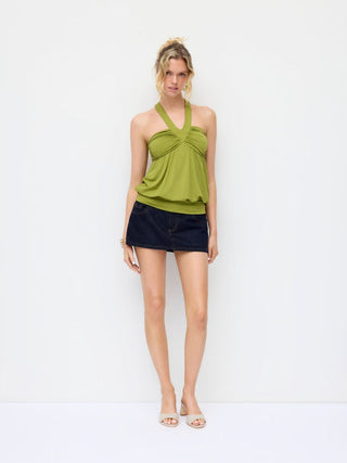 High Stretch Halter Neckline Draped Ruched Longline Top