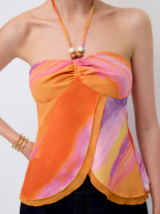 Chiffon Abstract Halter Neckline Ruched Beaded Blouse