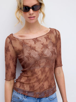 Floral Lace Boat Neck See-Through Middle Sleeve Top