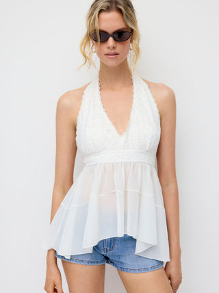 Chiffon Lace Halter Neckline Lace Panel Blouse