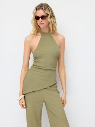 Textured Halter Neck Asymmetrical Top & Low Rise Straight Leg Trousers Set