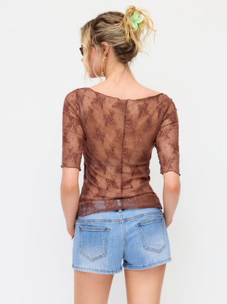 Floral Lace Boat Neck See-Through Middle Sleeve Top