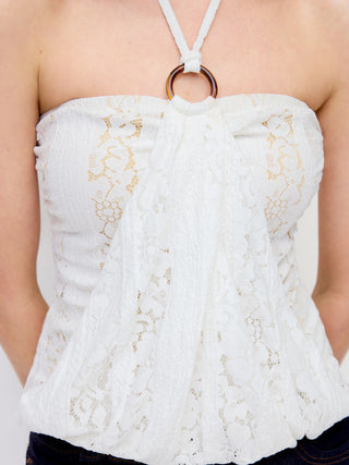 Textured Lace Halter Neckline O-Ring Draped Longline Top