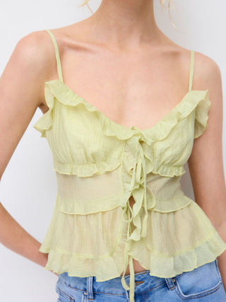 Textured Lyocell-blend V-Neck Ruffled Tie Front Cami Blouse