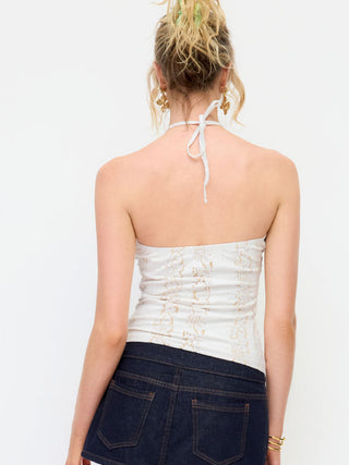 Textured Lace Halter Neckline O-Ring Draped Longline Top