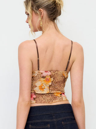 Mesh Leopard & Floral Graphic Lace Trim Cami Top