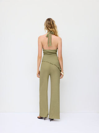 Textured Halter Neck Asymmetrical Top & Low Rise Straight Leg Trousers Set