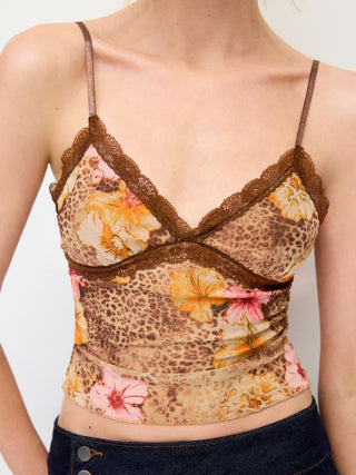 Mesh Leopard & Floral Graphic Lace Trim Cami Top