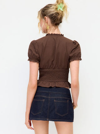 Frilled Stand Collar Tie Neck Puff Sleeve Shirred Ruffle Hem Blouse
