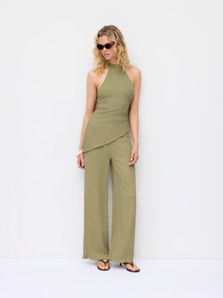 Textured Halter Neck Asymmetrical Top & Low Rise Straight Leg Trousers Set