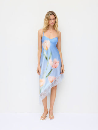 Satin Floral Graphic Lace Trim Asymmetrical Hem A-line Maxi Cami Dress