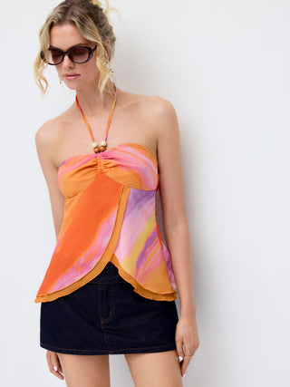 Chiffon Abstract Halter Neckline Ruched Beaded Blouse